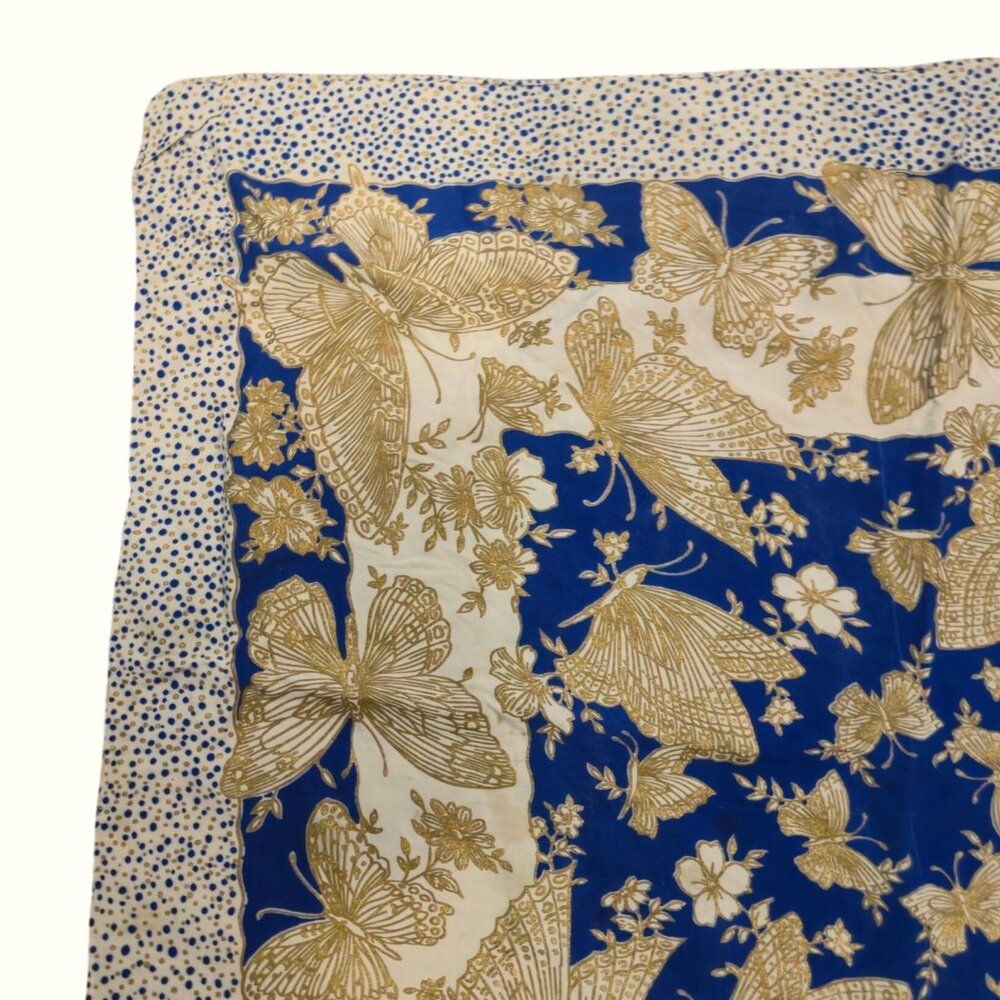 Vintage Butterfly Scarf Blue Gold Boho Headscarf Square Kerchief Wrap Bandana - Picture 8 of 13